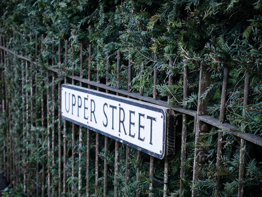 Close-up image of a white rectangular street sign with black border and lettering reading 'UPPER STREET' attached to a metal fence. The fence has vertical and horizontal bars that appear aged and slightly rusted, and is situated in front of dense greenery with dark green leaves and foliage. The scene suggests an outdoor setting on a residential street, possibly during daytime with natural light illuminating the area. The image visually relates to the environment where house removals and furniture transport may occur, emphasizing location identification for moving logistics, with the sign and fencing indicating a street environment potentially involved in a home relocation process.